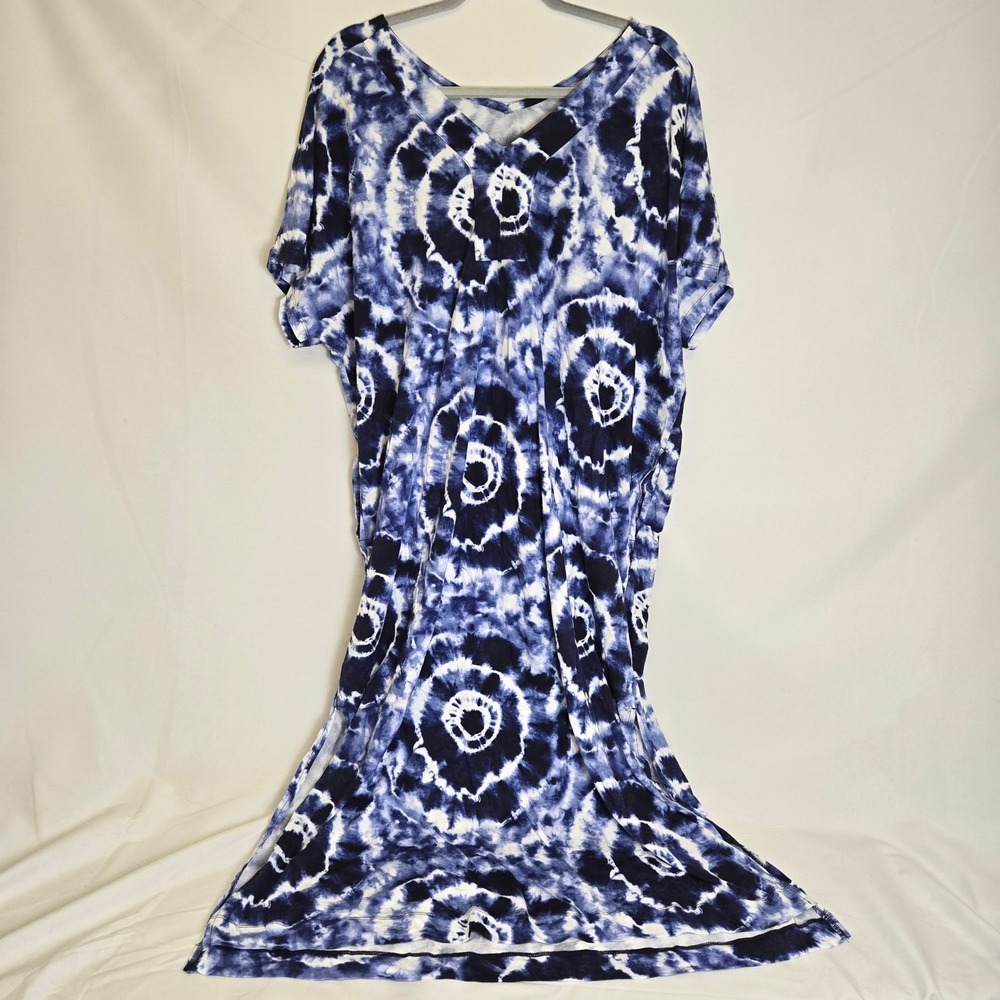 Koolaburra by UGG V-Neck Tie-Dye Caftan Pockets Blue White Cotton Rayon Medium